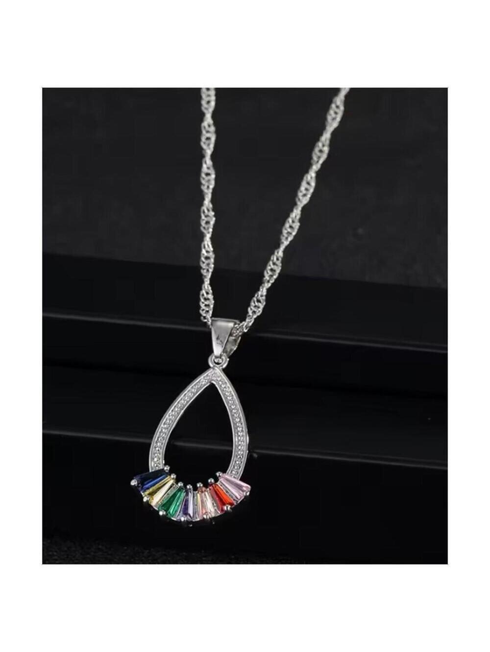 Multi color baguette pendant necklace - silver - CZs - 18" - Picture 1 of 3